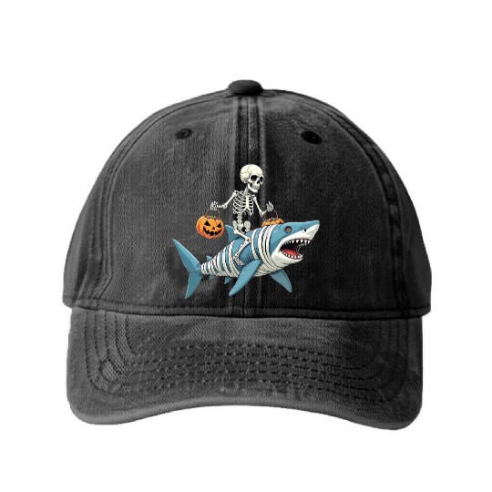 Skeleton Riding Shark Mummy Funny Halloween Washed Denim Baseball Caps