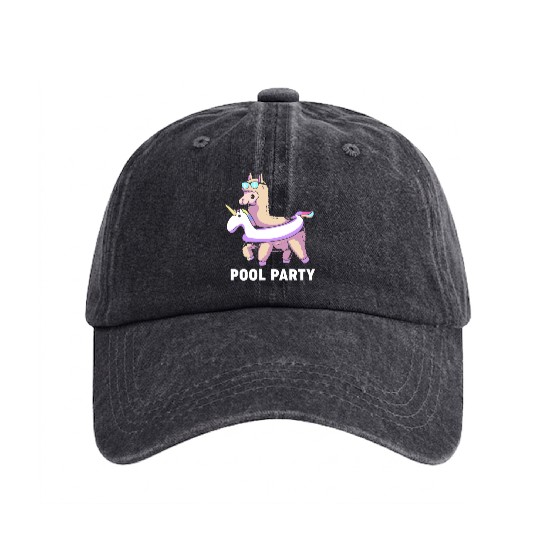 Pool Party Squad Summer Llama Unicorn Washed Denim Baseball Caps