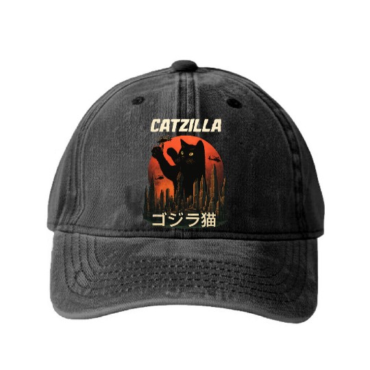 Vintage Catzilla: Funny Cat Monster Washed Denim Baseball Caps