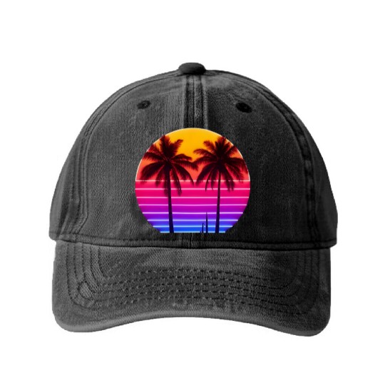 Neon Sunset Palm Trees Illustration Washed Denim Baseball Caps