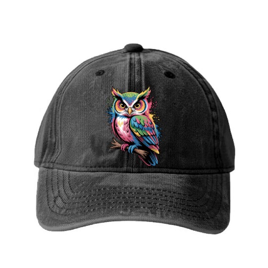 Colorful Owl With Colorful Details Washed Denim Baseball Caps