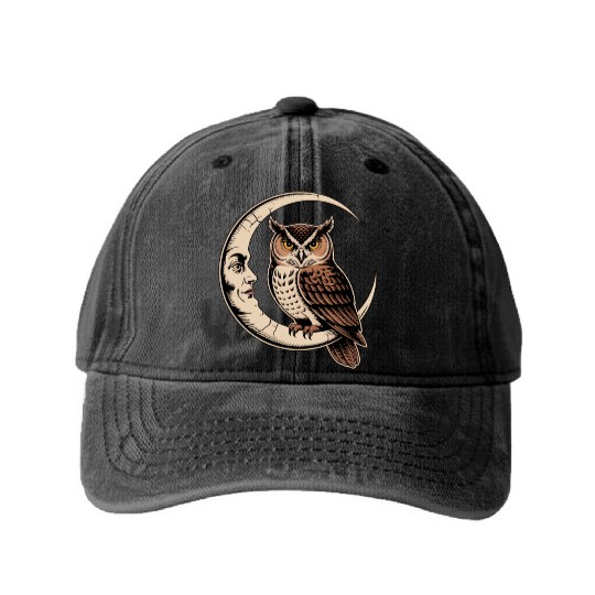 Moon Owl Crescent Washed Denim Baseball Caps