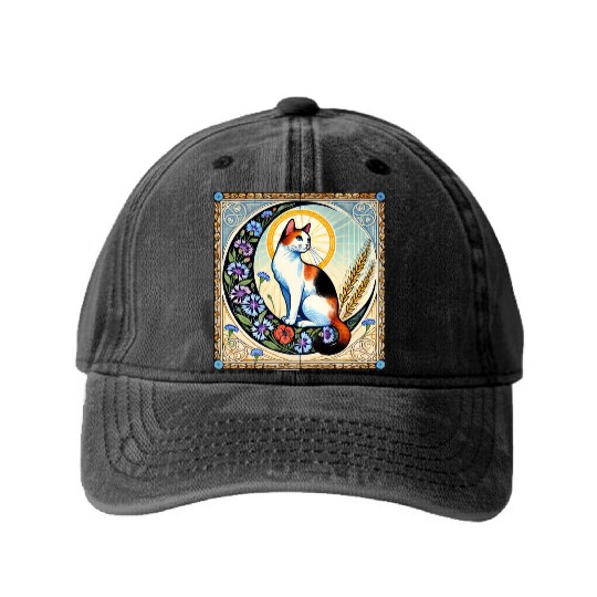 Celestial Calico Cat Art Design Washed Denim Baseball Caps