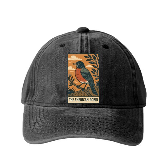 American Robin Nature Illustration Washed Denim Baseball Caps