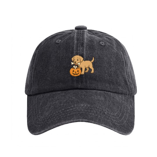 Cute Halloween Puppy with Pumpkin Bowl Washed Denim Baseball Caps