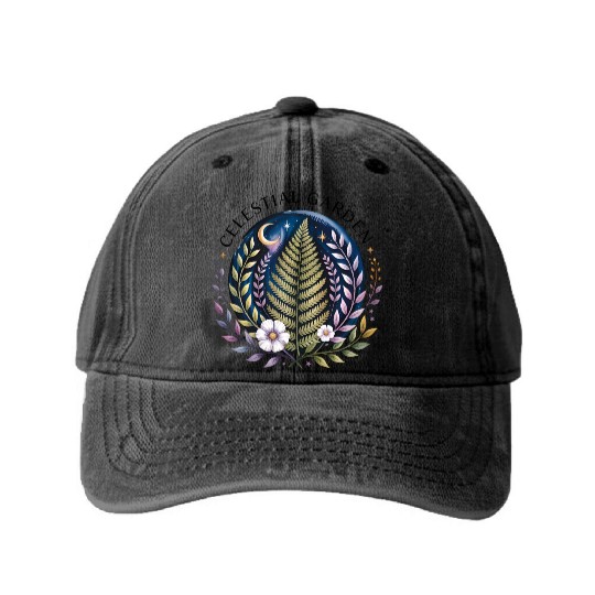 Celestial Fern and Floral Moon Design Washed Denim Baseball Caps