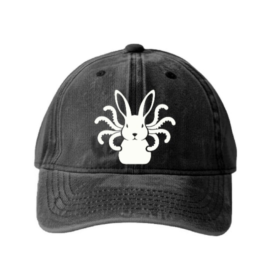 Octopus Bunny │Surreal White Cryptid Animal Mashup Washed Denim Baseball Caps