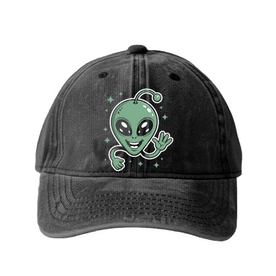 Cute Alien Cartoon Illustration Washed Denim Baseball Caps