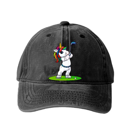 Unicorn golfer Washed Denim Baseball Caps