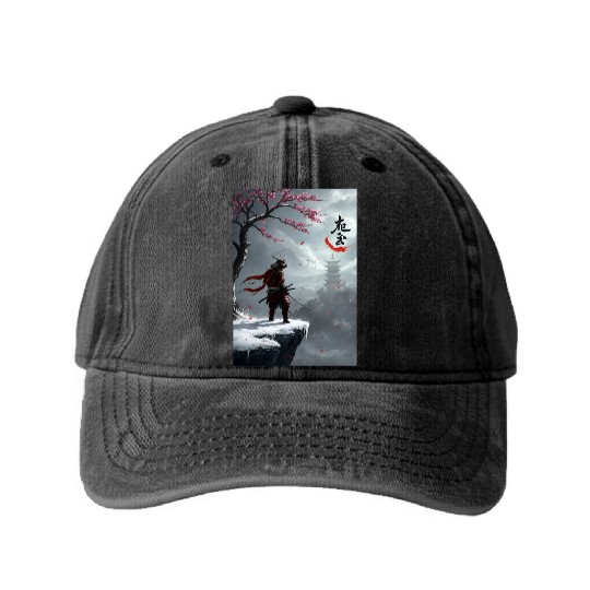 Samurai Warrior Under Cherry Blossom Tree Washed Denim Baseball Caps