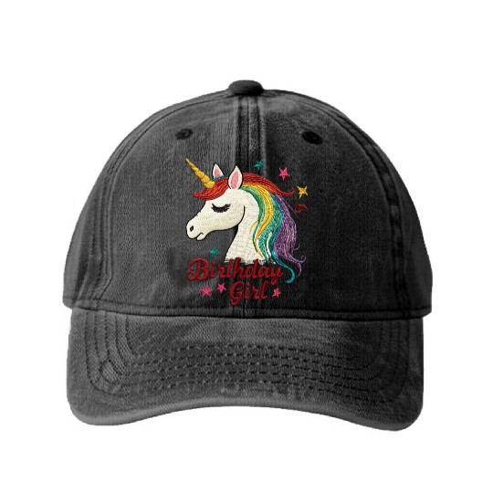 Colorful Unicorn Birthday Girl Washed Denim Baseball Caps