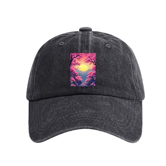 Cherry Blossom Sunset Path Washed Denim Baseball Caps
