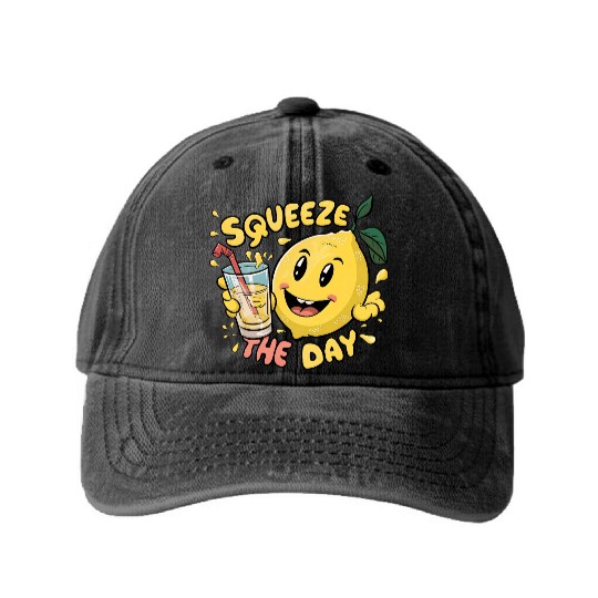 Squeeze The Day Lemon Cartoon Washed Denim Baseball Caps