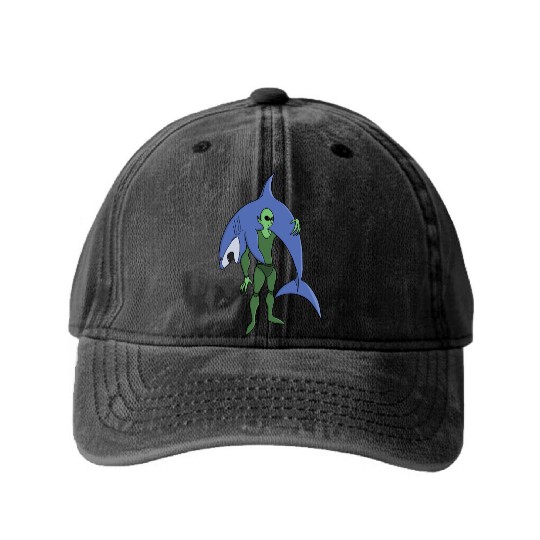 Alien Diver with Shark Funny Sci-Fi Washed Denim Baseball Caps
