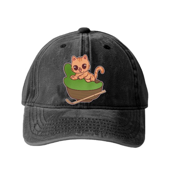Kawaii Cat in Matcha Tea Bowl Washed Denim Baseball Caps