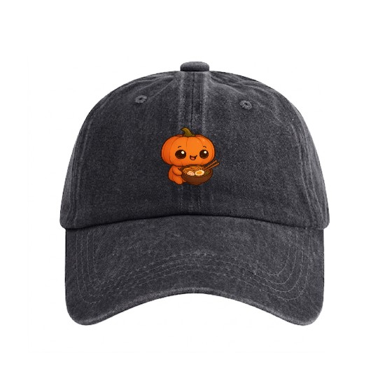 Chibi Pumpkin with Ramen Bowl Kawaii Art Washed Denim Baseball Caps