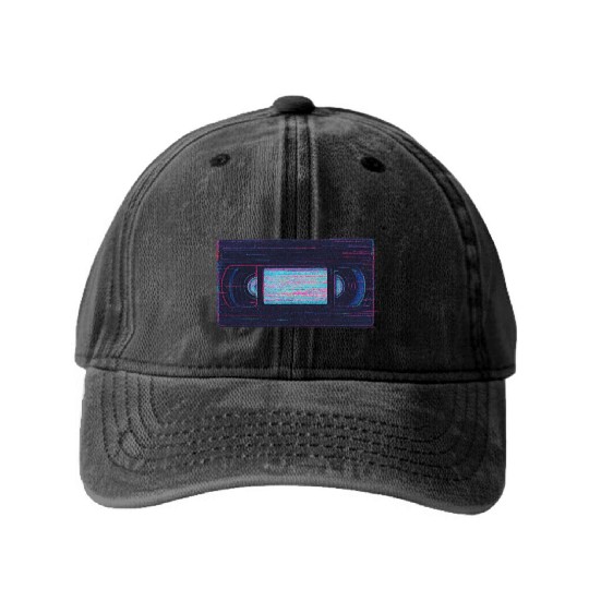 Retro VHS Tape Neon Glow Design Washed Denim Baseball Caps