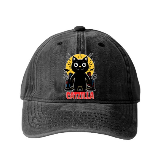 Nighttime City Monster Catzilla Design Washed Denim Baseball Caps