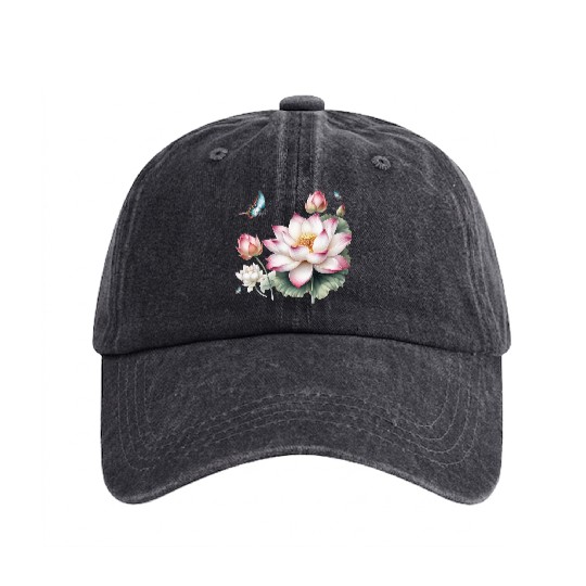 Light Pink Lotus and Butterflies  Washed Denim Baseball Caps
