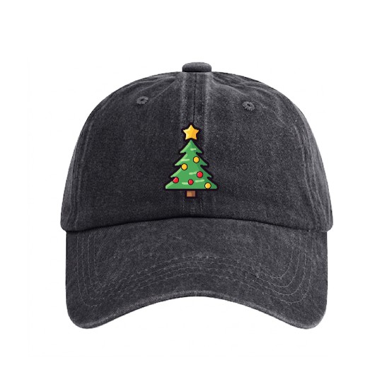 Festive Christmas Tree with Colorful Ornaments Washed Denim Baseball Caps