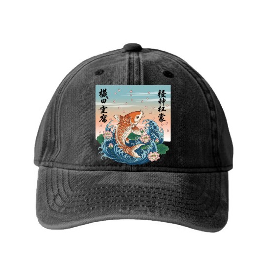 Koi Fish and Lotus Harmony Design Washed Denim Baseball Caps