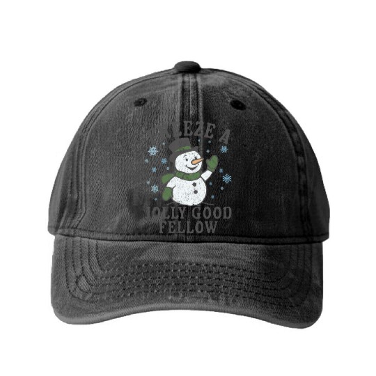 Frosty Snowman Jolly Greeting Design Washed Denim Baseball Caps