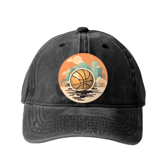 Urban Basketball Sunset Scene Washed Denim Baseball Caps