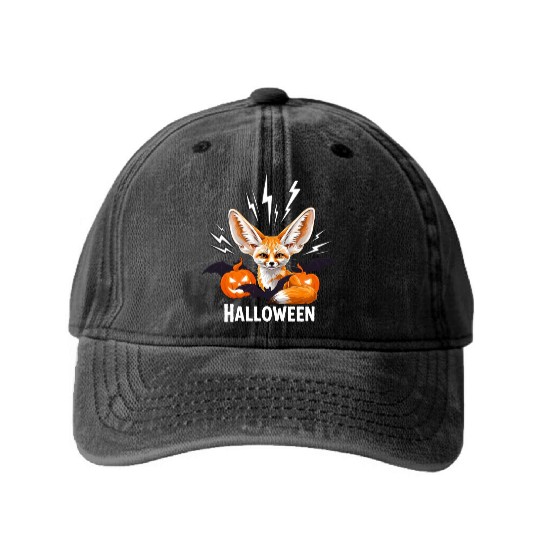 Whimsical Halloween Fox with Bat Wings Washed Denim Baseball Caps
