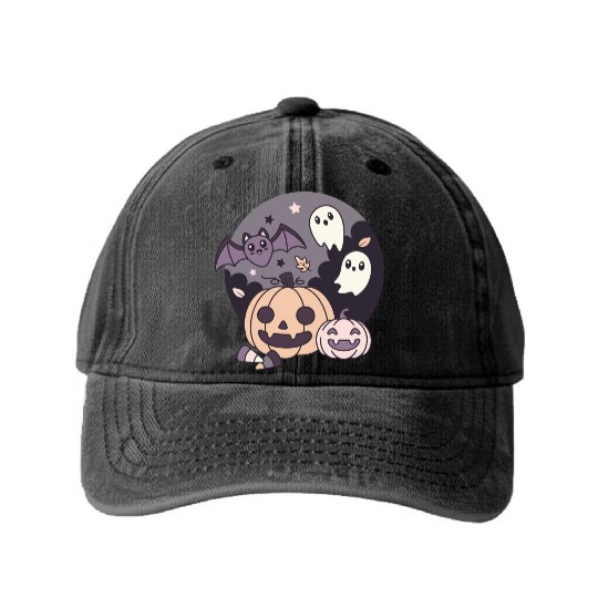 Halloween Kawaii Pumpkin Ghost Bat Washed Denim Baseball Caps