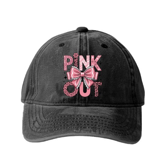 Pink Out Breast Cancer Awareness Coquette Bow  Washed Denim Baseball Caps