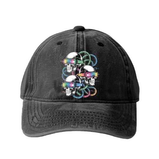VR Skeleton Head Circuit Vision Streetwear Washed Denim Baseball Caps