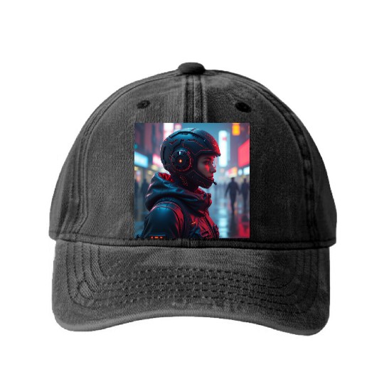 Futuristic Cyberpunk Nightscape Washed Denim Baseball Caps