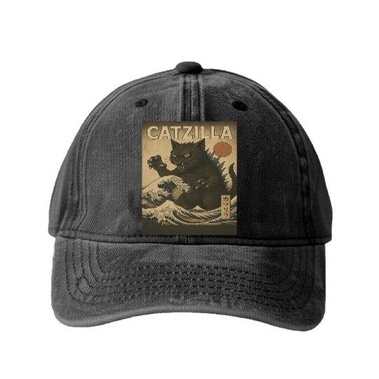 Ukiyo-e Catzilla Retro Japanese Monster Cat Washed Denim Baseball Caps