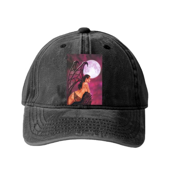 Mystic Moonlit Bat-Winged Woman Washed Denim Baseball Caps