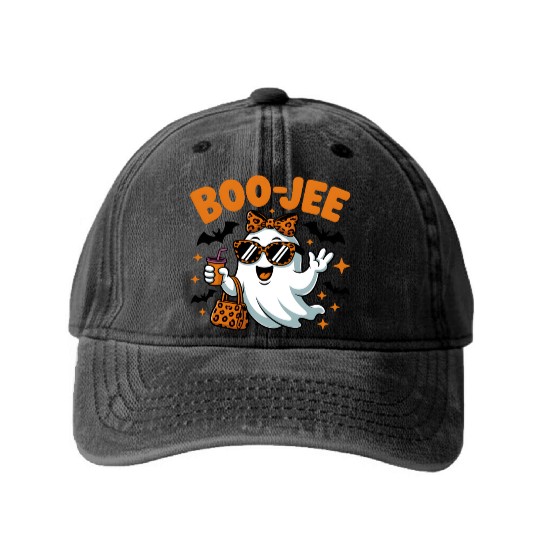Boo-Jee Ghost Cute Leopard Print Halloween Boojee Washed Denim Baseball Caps