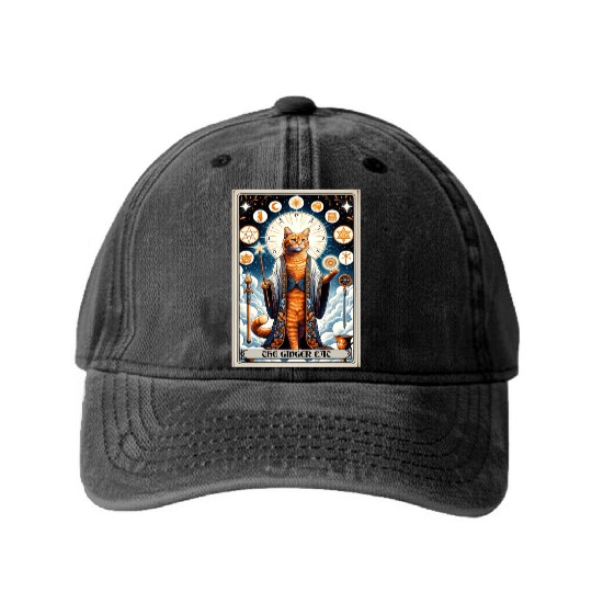 Orange The Ginger Cat Tarot Card Cat Washed Denim Baseball Caps