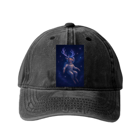 Celestial Deer Astronaut Illustration Washed Denim Baseball Caps