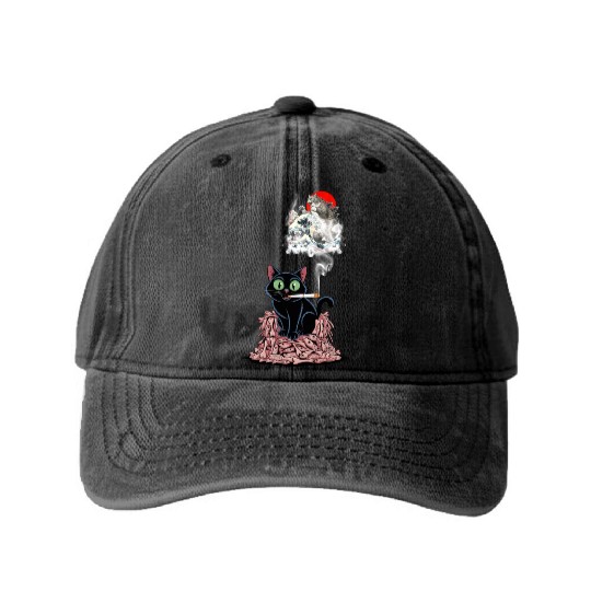 Black Cat Smoking Cigarette Catzilla Washed Denim Baseball Caps