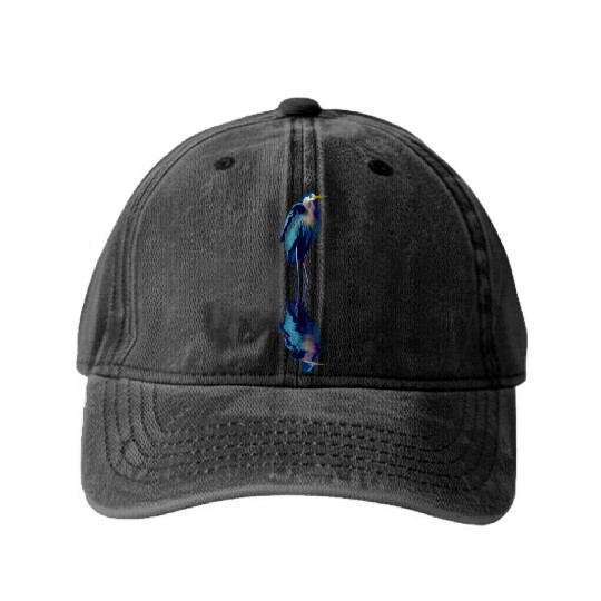 Great Blue Heron Stands Reflected Washed Denim Baseball Caps