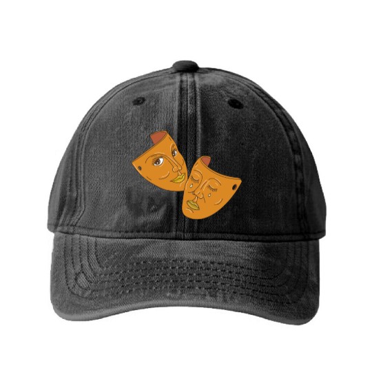 Theater Mask Comedy and Tragedy Mono Line Washed Denim Baseball Caps