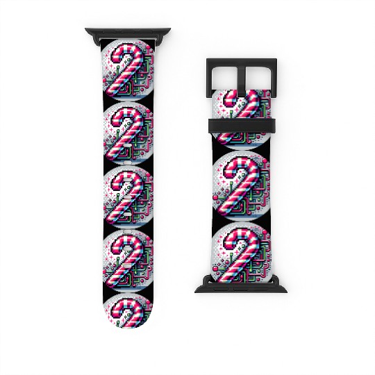 Neon Cyberpunk Candy Cane 8-Bit Pixel Christmas Watch Bands For Apple Watch