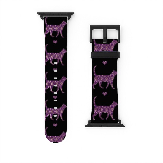 Purple Cat Damask Style Love Heart Cute Silhouette Watch Bands For Apple Watch