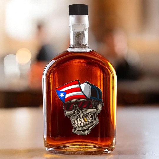 Cool Puerto Rico Skull With Cap and Boricua Flag Whiskey Bottles