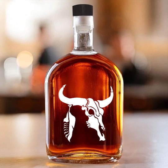 Tribal White Longhorn Bull Skull w White Feather Whiskey Bottles
