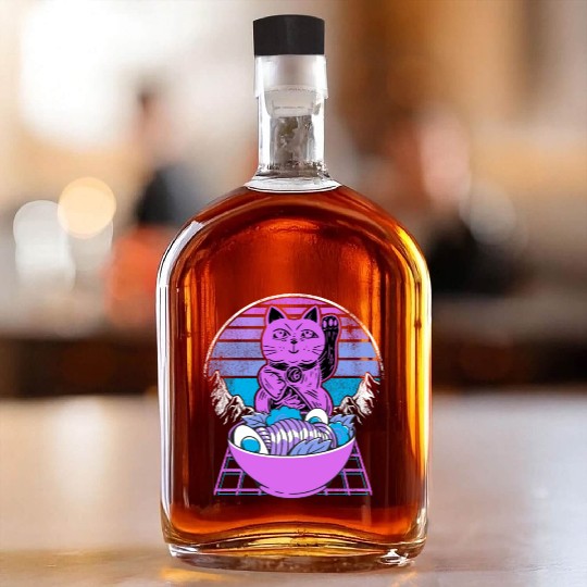 Ramen Maneki Neko Cat Kawaii Retrowave Sunset 80s Whiskey Bottles