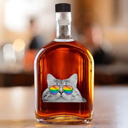 Funny Cat Pride LGBTQ Sunglasses Rainbow Flag Whiskey Bottles