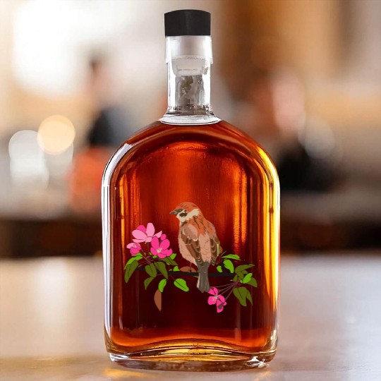 Sparrow on a branch pink flowers of an apple tree Whiskey Bottles