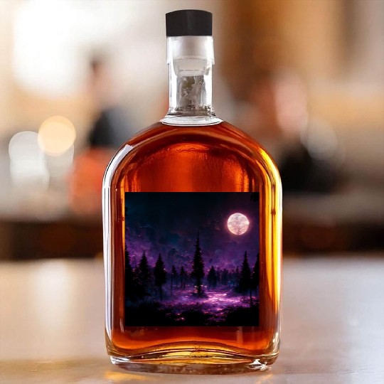 Forest in night above purple clouds, moon Whiskey Bottles