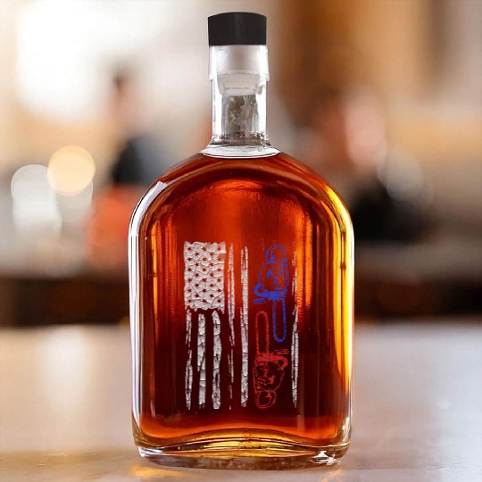 Vintage US FLAG CHAINSAW Lumberjack Logger Lumber Whiskey Bottles