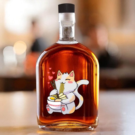 Funny Kawaii Cat Eating Ramen - Kawaii Neko Cat Whiskey Bottles